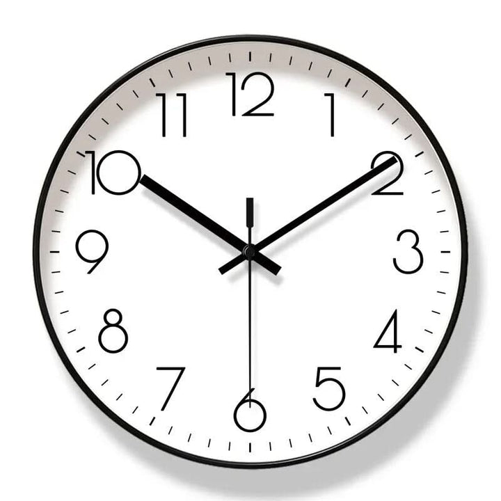 White modern Nordic wall clock on a neutral wall, silent decorative piece for office or kitchen.