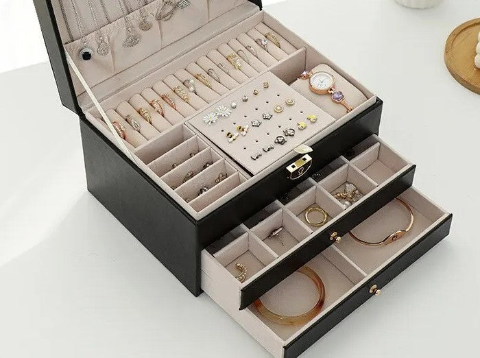 Durable leather 3-tier jewelry organizer, an elegant storage solution for rings, necklaces, earrings.