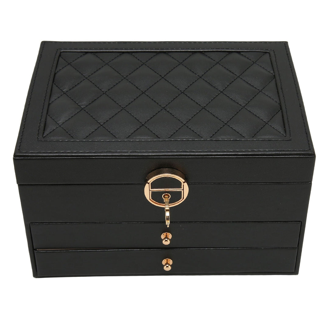 Elegant 3-tier jewelry organizer displaying rings, necklaces, earrings. Perfect for women's accessories.