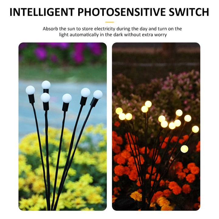 "Outdoor solar firefly garden lights with glowing LED bulbs on tall stakes, IP65 waterproof for enchanting yard decor."