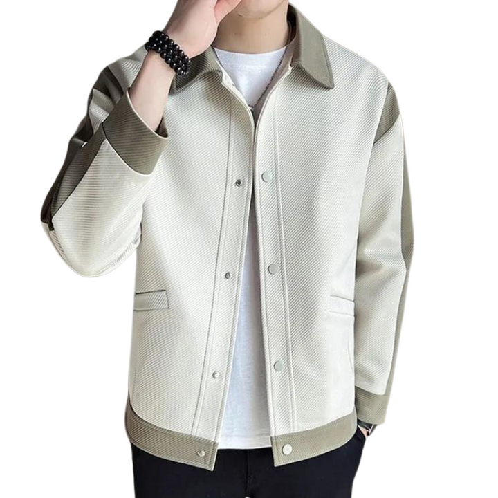 Unique men's patchwork jacket, multi-texture design with snap buttons. Stylish casual long-sleeve outerwear.