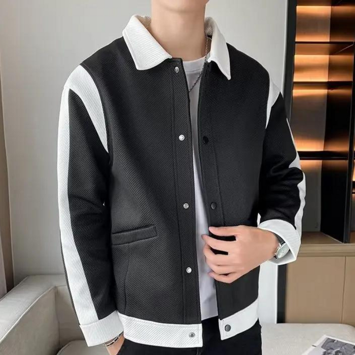 Unique men's patchwork jacket, a stylish fashion statement with long sleeves and casual fit outerwear.