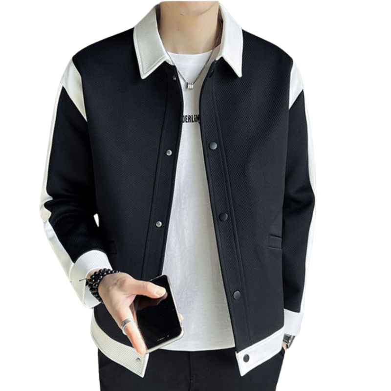 Men's stylish patchwork jacket with a unique multi-fabric design and lapel collar. Casual fashion outerwear.