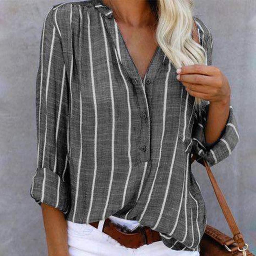 Chic women's striped V-neck button-down blouse, perfect for versatile, casual elegance. Long sleeves.
