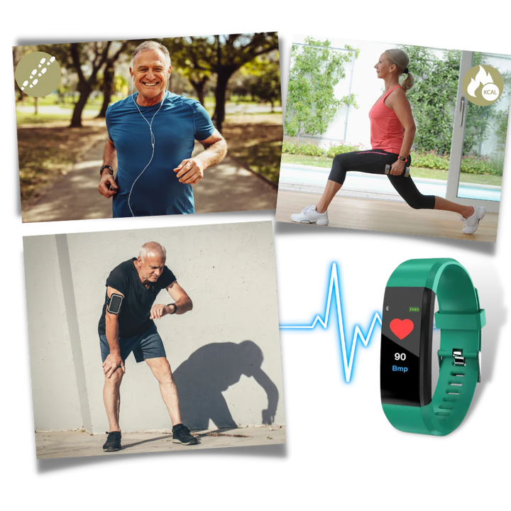 Senior-friendly smartwatch with health features, LED screen, real-time monitoring, waterproof, in Black, Blue, Green, or Purp
