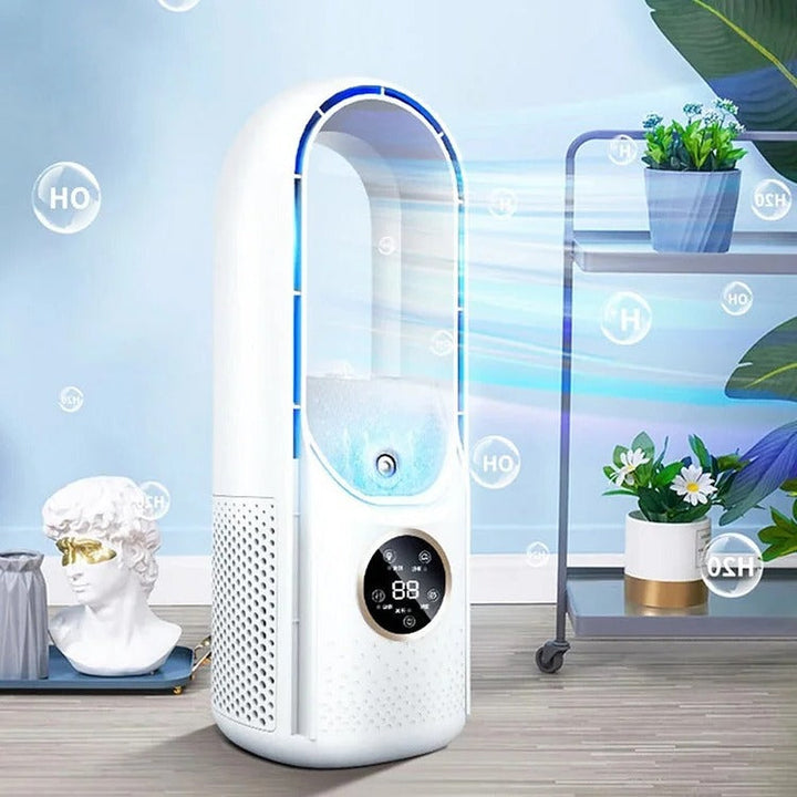 Silent portable air conditioner with sleek, blade-free design, shown in chic white and blue. Ideal for home and office use.