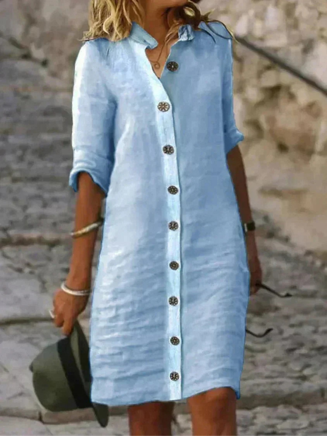 Fashionable Sloane women's collared button-down dress. A versatile short summer dress for a chic, effortless look.