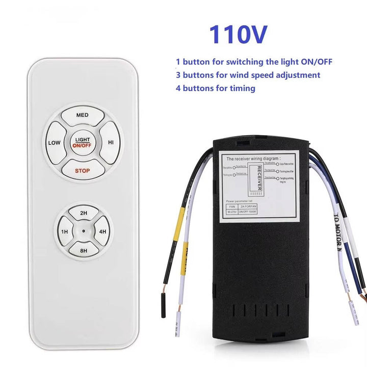 Smart universal ceiling fan remote control with sleek design, buttons for fan speed and light adjustments, compatible with Wi