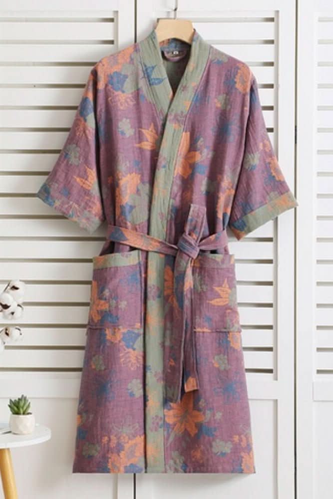 Women's comfortable tie-waist bathrobe, lightweight and soft, ideal for home lounging relaxation.