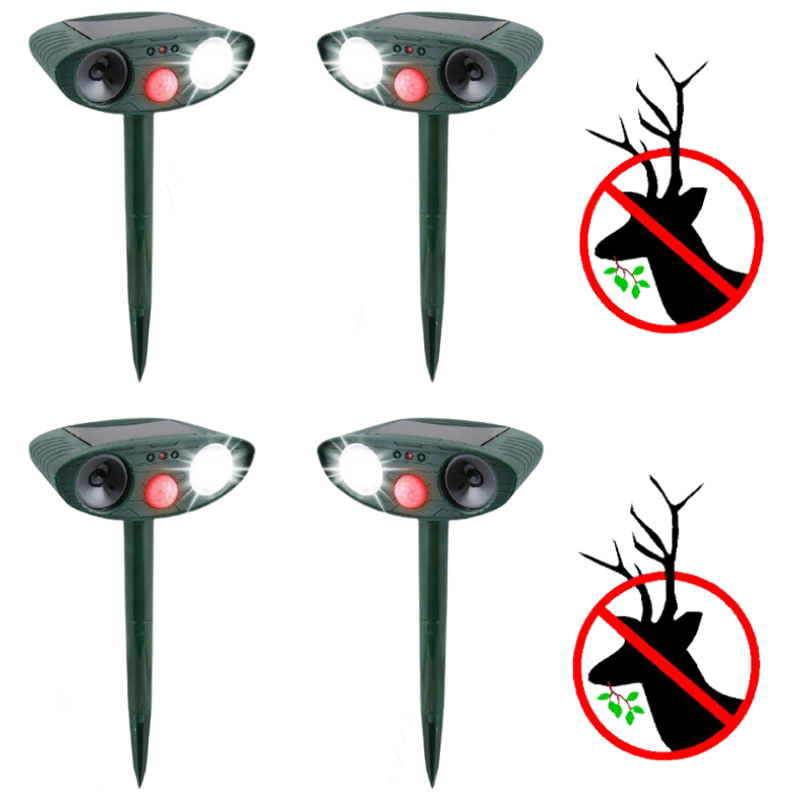 Solar ultrasonic deer repeller for garden pest control. Protects yards from unwanted animals.