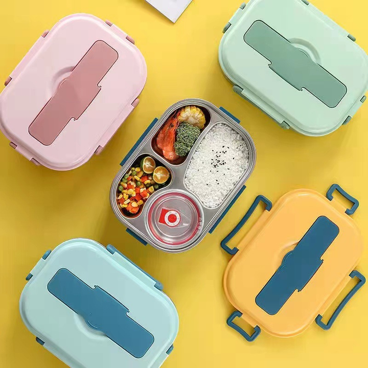 Stainless steel thermal lunch box, multiple compartments, sleek design, vibrant colors: yellow, green, pink, blue, keeps food