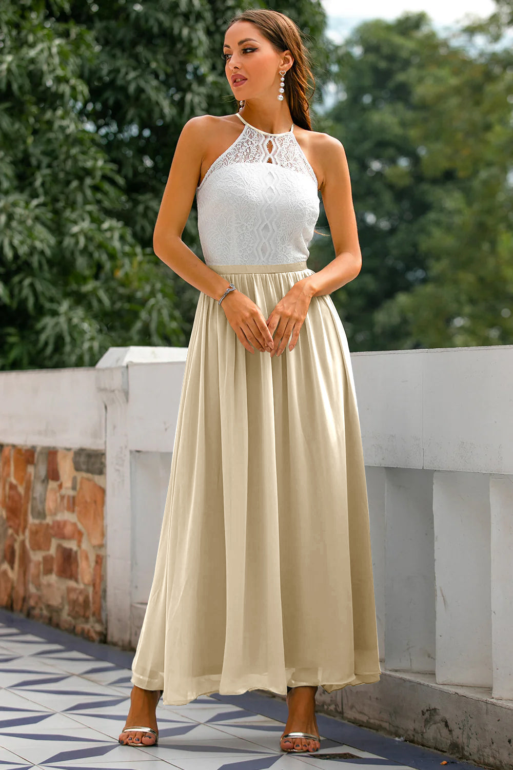 Flowing women's halter maxi dress, an elegant floor-length formal gown ideal for wedding guests & special occasions.