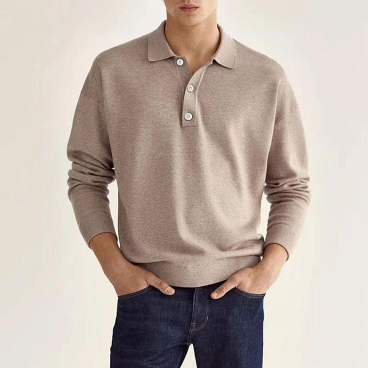Soft men's long sleeve polo shirt with half-button design, ideal for versatile everyday fashion.