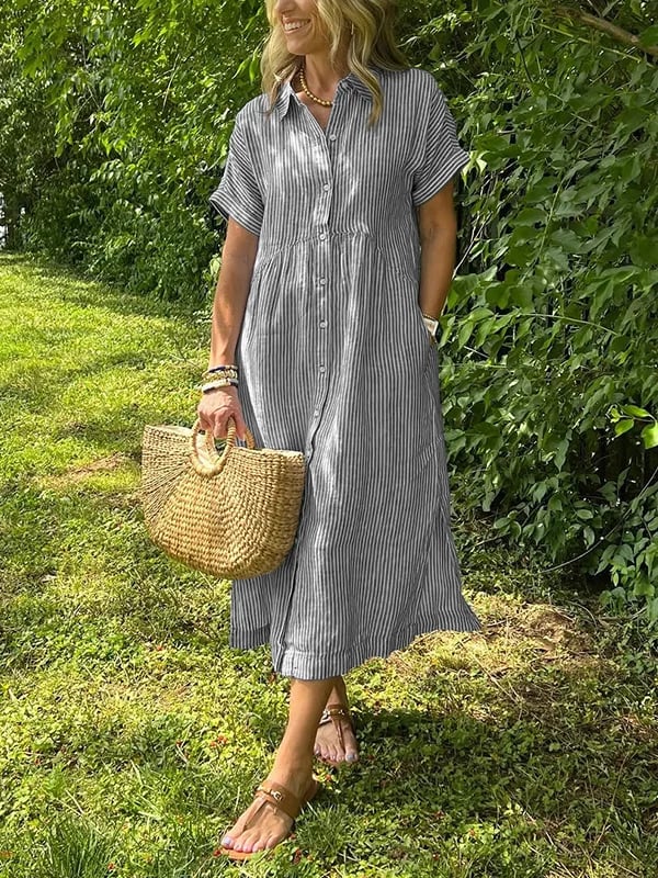 Versatile women's striped midi dress, button-front and short-sleeve for stylish everyday apparel. Elegant look.