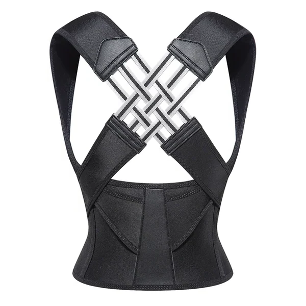 Unisex adjustable posture corrector, black, with adjustable straps for back support, fits discreetly under clothing.