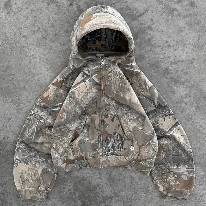 "Unisex camo streetwear hoodie with tactical print, front view. Urban and outdoor style, men's jackets and coats collection."