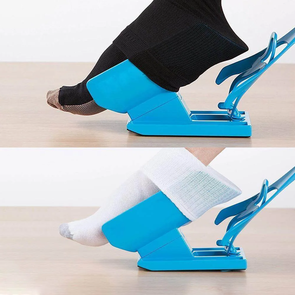 "Unisex Compression Sock Aid Kit, compact cradle and handle, simplifies wearing compression socks, ideal for mobility aid."
