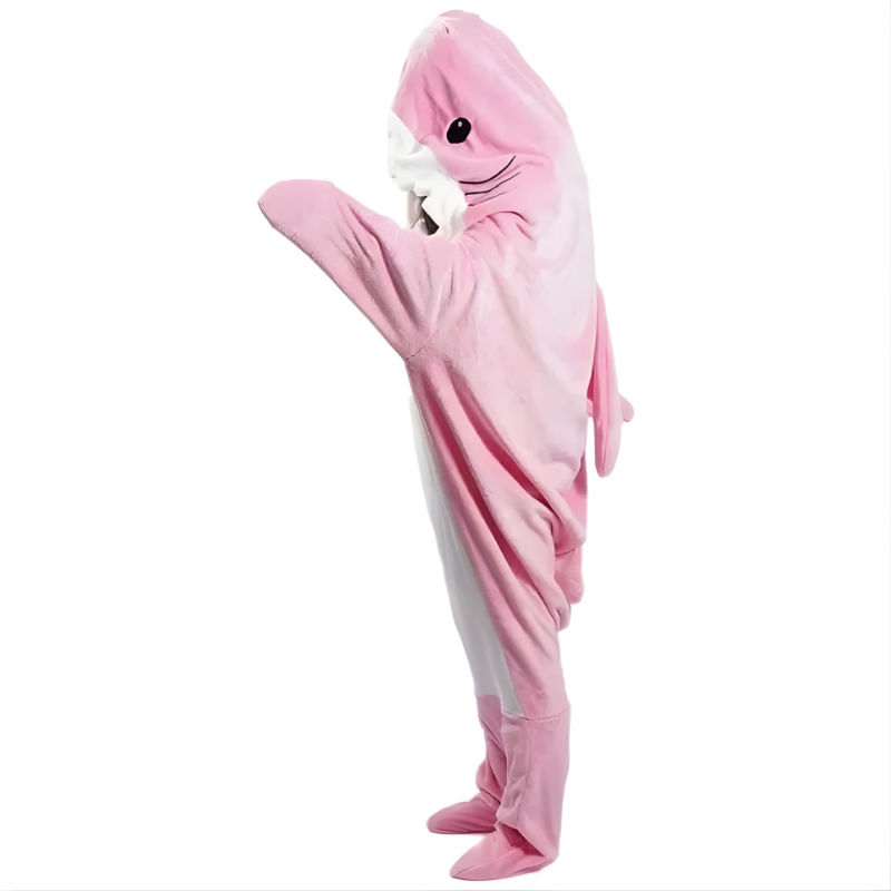 Adults snuggled in a cozy shark wearable blanket hoodie. Oversized, comfortable, perfect for lounging & warmth at home.