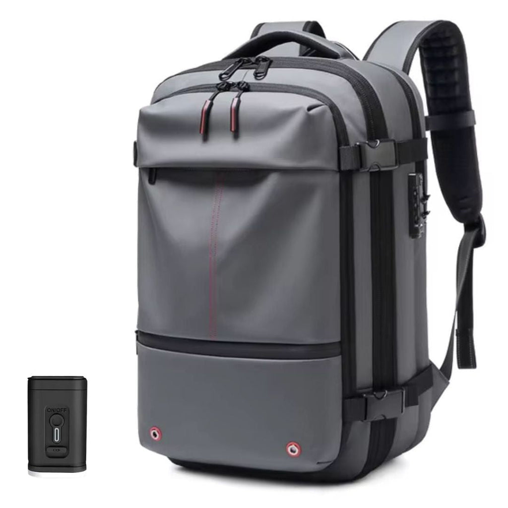 Unisex versatile daypack with compression, front view displaying multiple pockets and the padded back for comfortable travel.