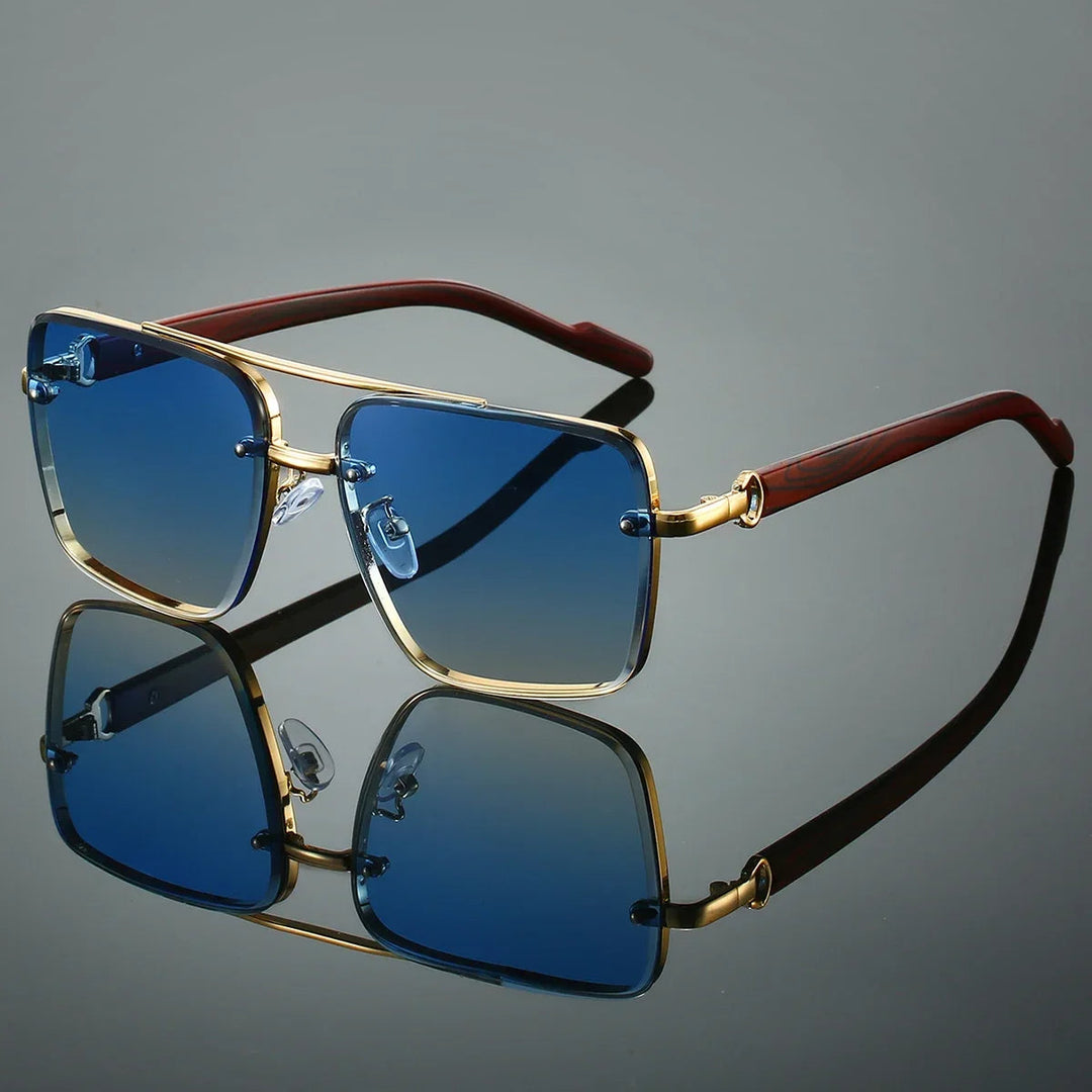 Fashionable gold aviator sunglasses, unisex design, featuring unique woodgrain arms.