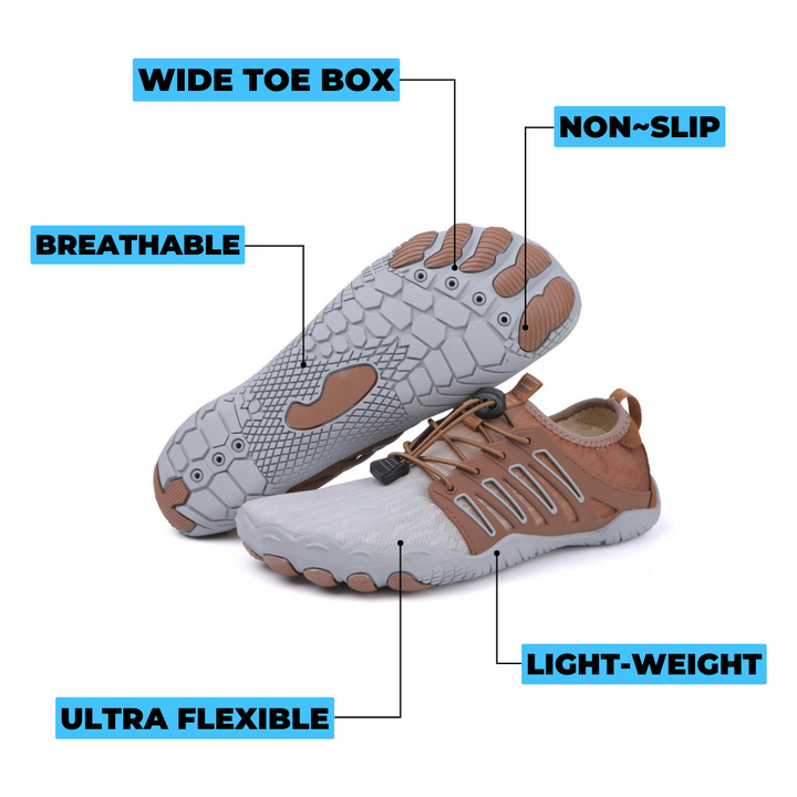 Breathable wide toe box barefoot running shoes, shown in detail.
