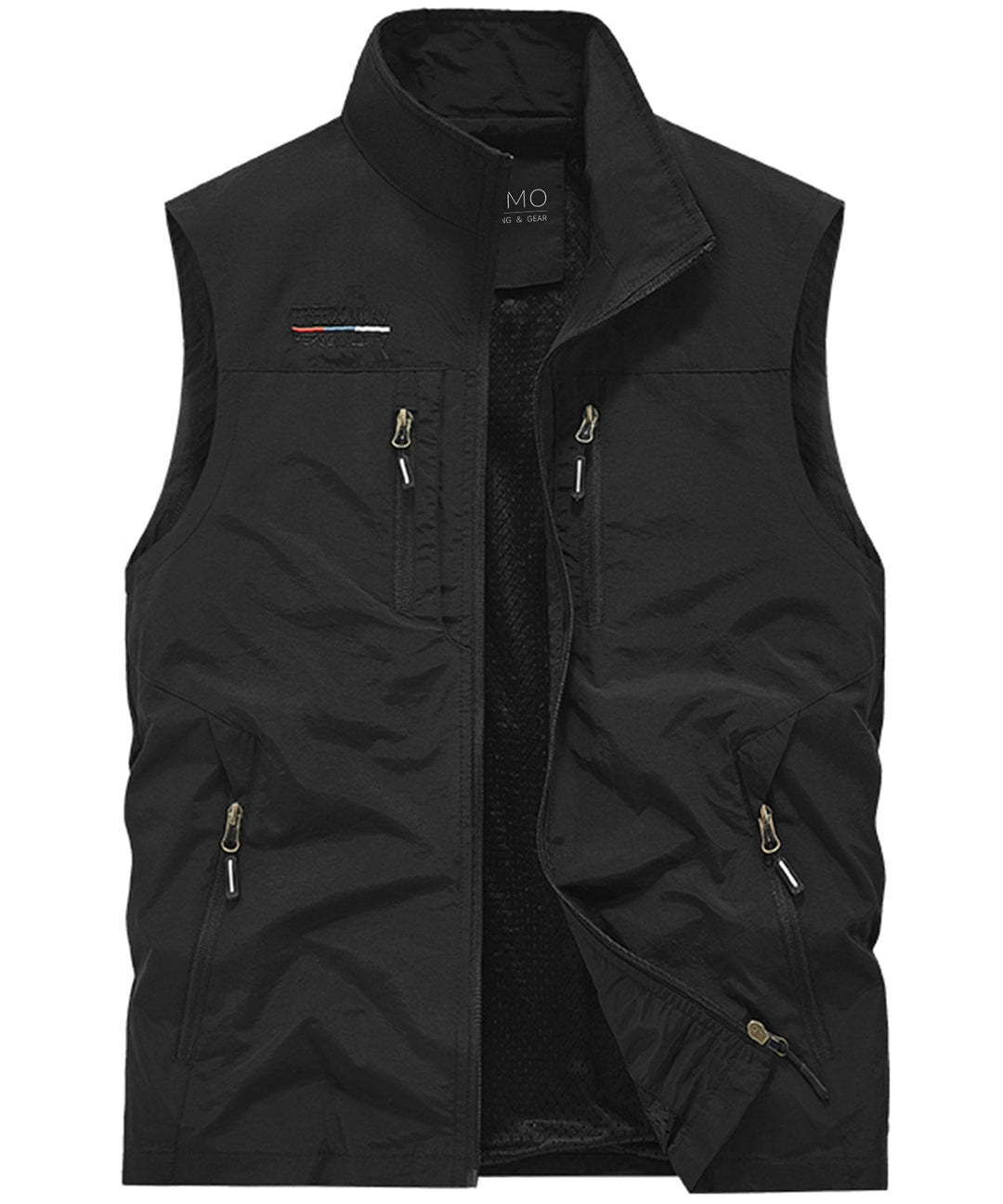 Front view of a unisex hiking vest with multiple pockets, ideal for storing travel essentials.