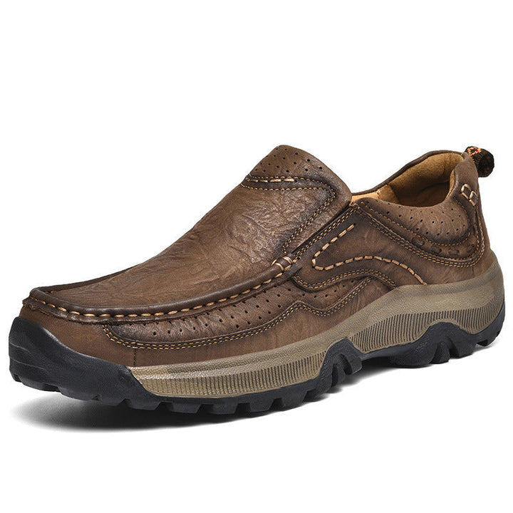 Patient wearing black orthopedic comfort shoes, demonstrating comfortable fit and support