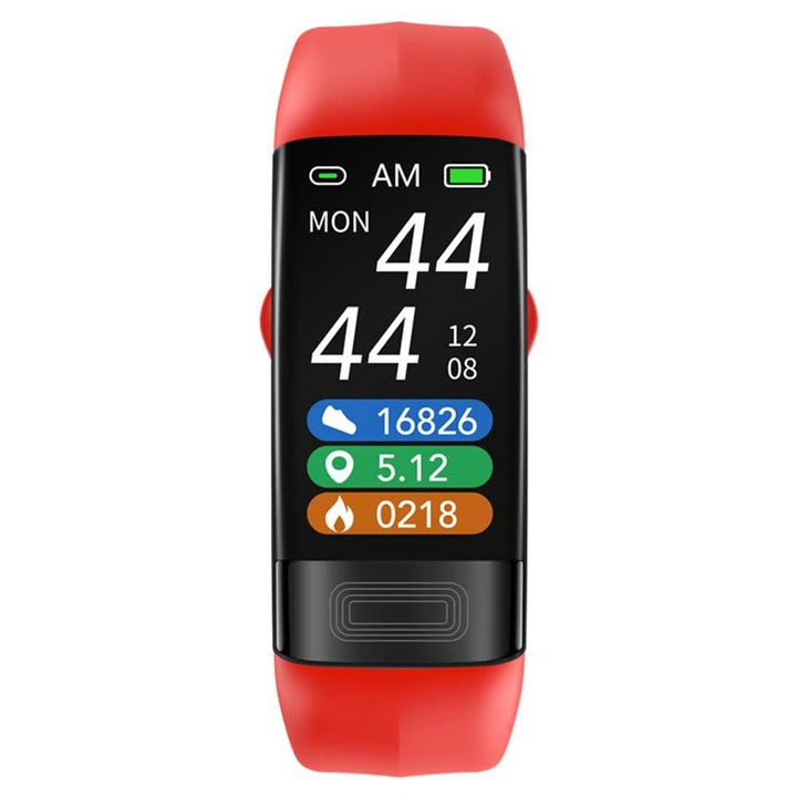 Close-up of smart health armband displaying EKG, heart rate, and blood pressure readings. Wearable tech.