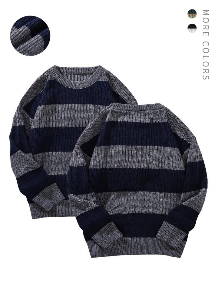Fall fashion: Striped unisex cotton blend knit sweater, designed with a relaxed fit for ultimate comfort.