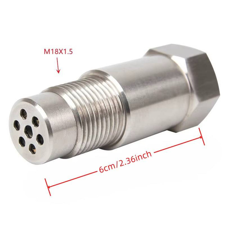Universal car check engine light eliminator adapter with mini CAT, stainless steel, dual-thread fit, easy four-step install.