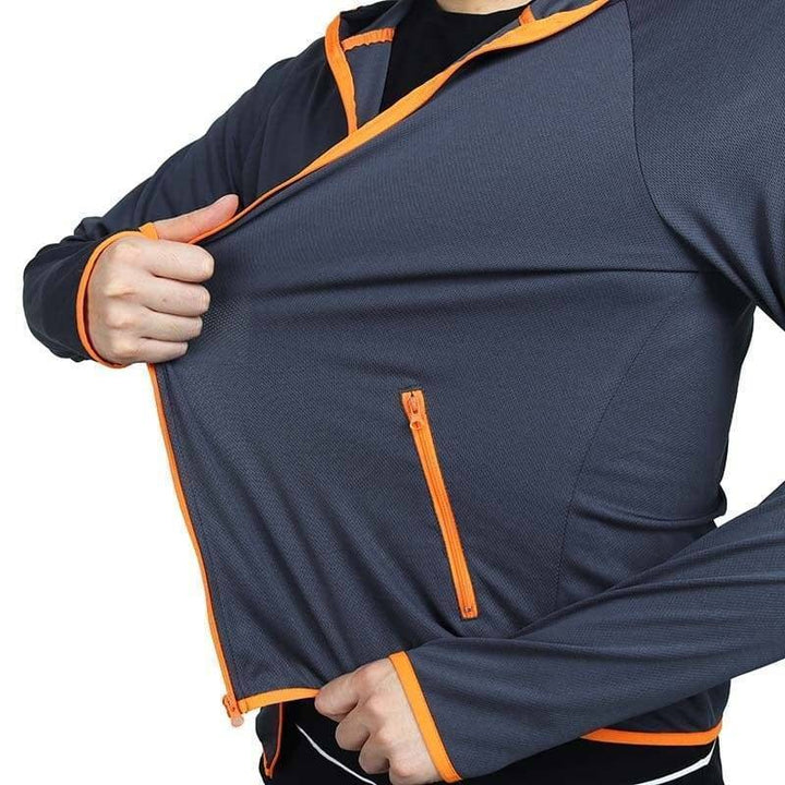 Close-up of men's windproof outdoor jacket's water-repellent fabric & sturdy zipper, ideal activewear.