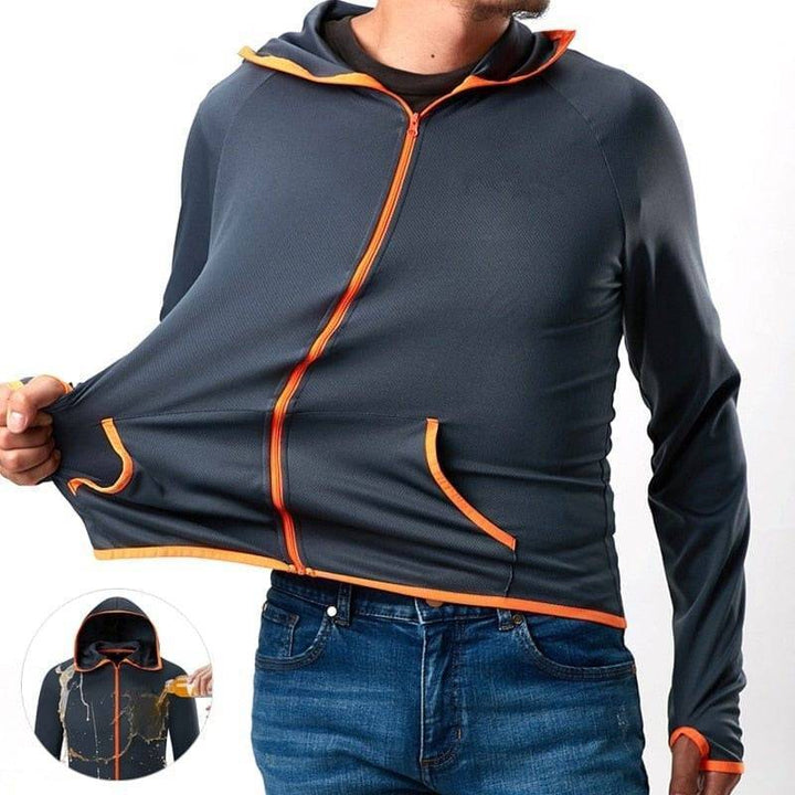 Men's all-weather outdoor jacket, windproof & water-repellent, perfect for hiking and camping gear.