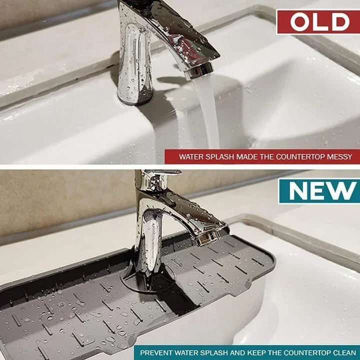 "Water-resistant silicone sink splash guard with sleek design, quick-drain feature, and organized soap and sponge storage."