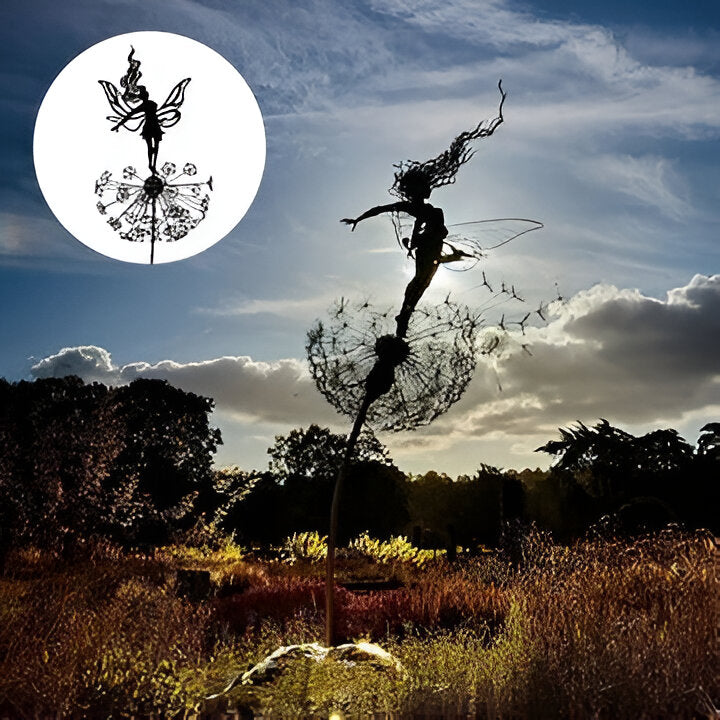 Elegant laser-cut steel fairy sculpture, whimsical metal art for indoor or outdoor decor, unique gift idea.