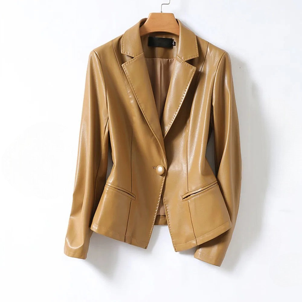 Women's black faux leather blazer, tailored fit, with a classic notched lapel, perfect for fashion outerwear.