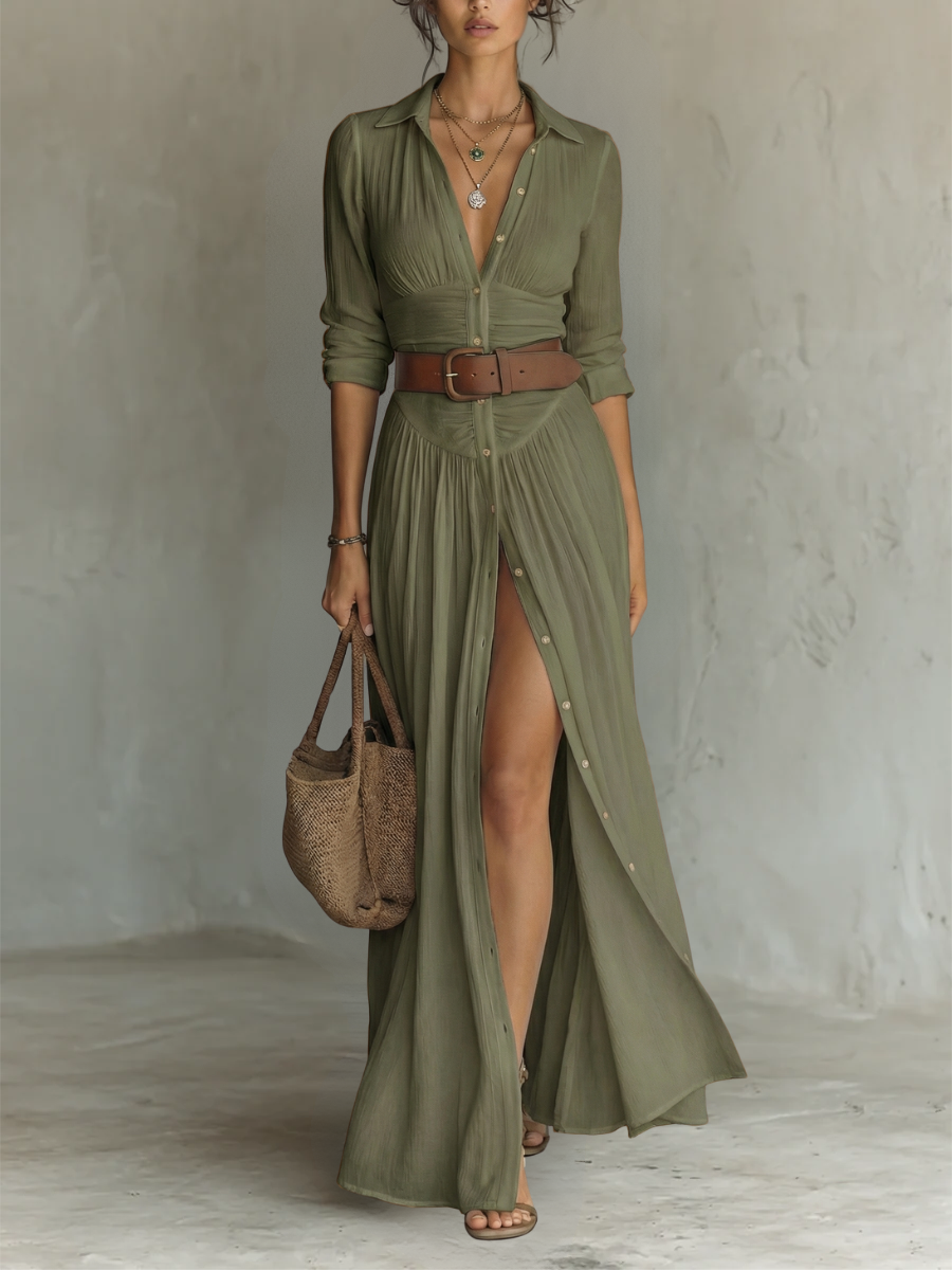 Women's flowy boho maxi shirtdress, a versatile long dress for summer, vacation, and comfortable casual style.