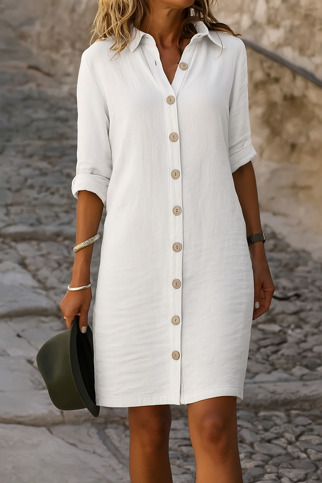 Everyday women's casual dress, collared, button front, roll tab sleeves, summer ready.