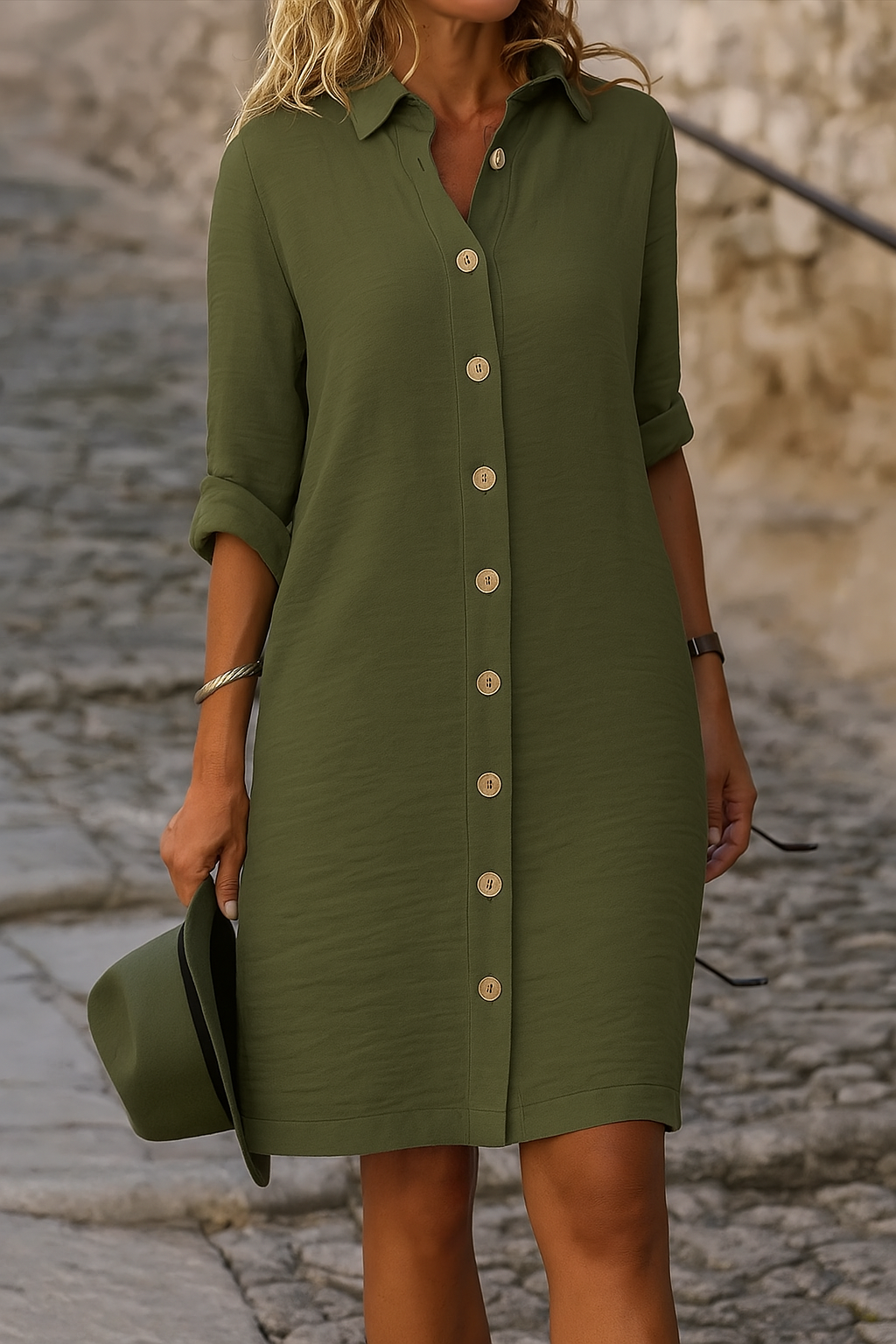 Relaxed women's summer shirt dress, casual, collared, roll tab sleeves, ideal for comfort.