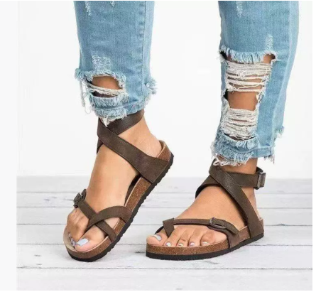 Women's casual flat strap spring sandals in brown, comfortable everyday footwear with multiple straps.