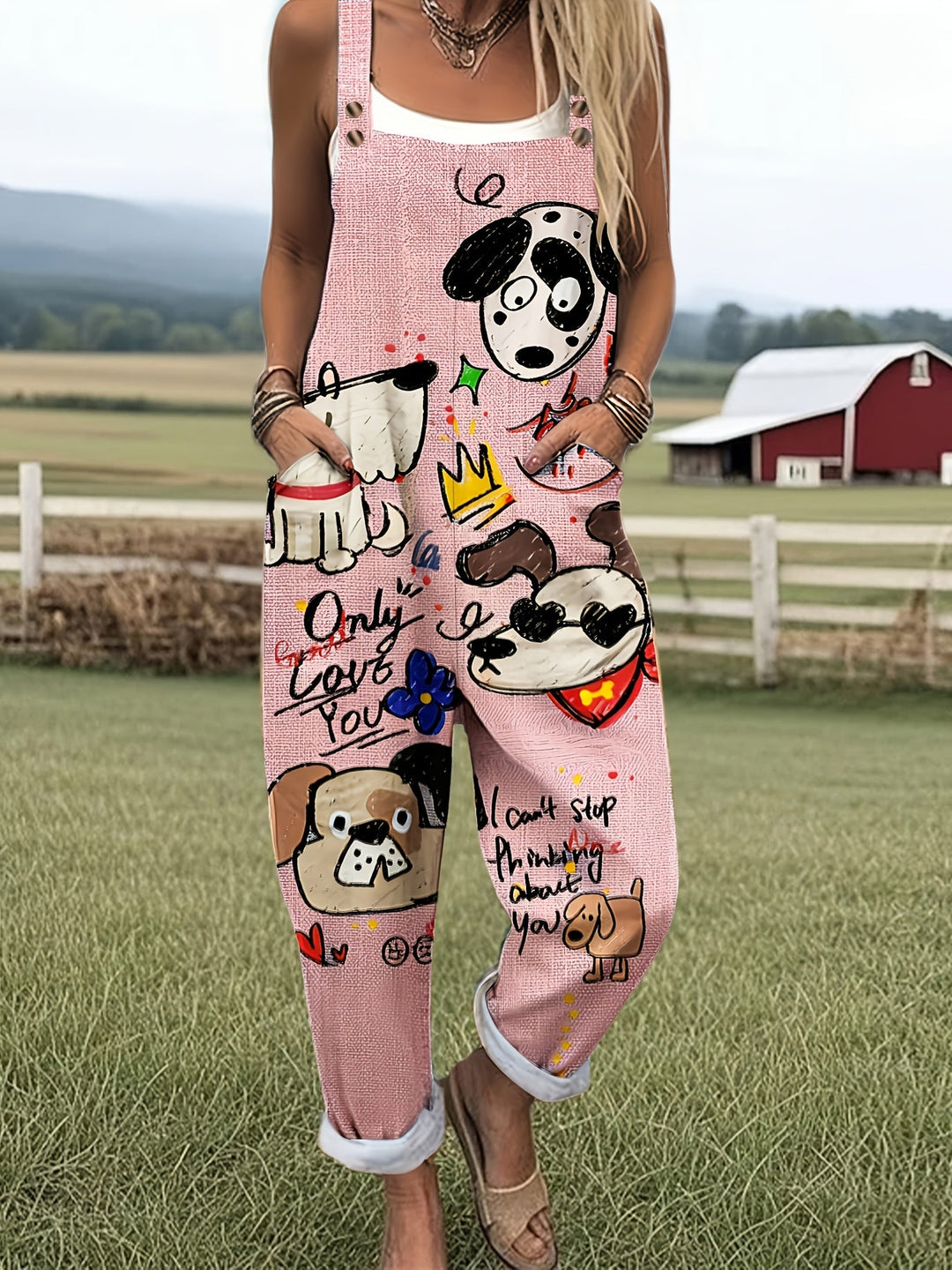 Women's casual wide-leg jumpsuit with playful cartoon dog graphic print & adjustable straps.