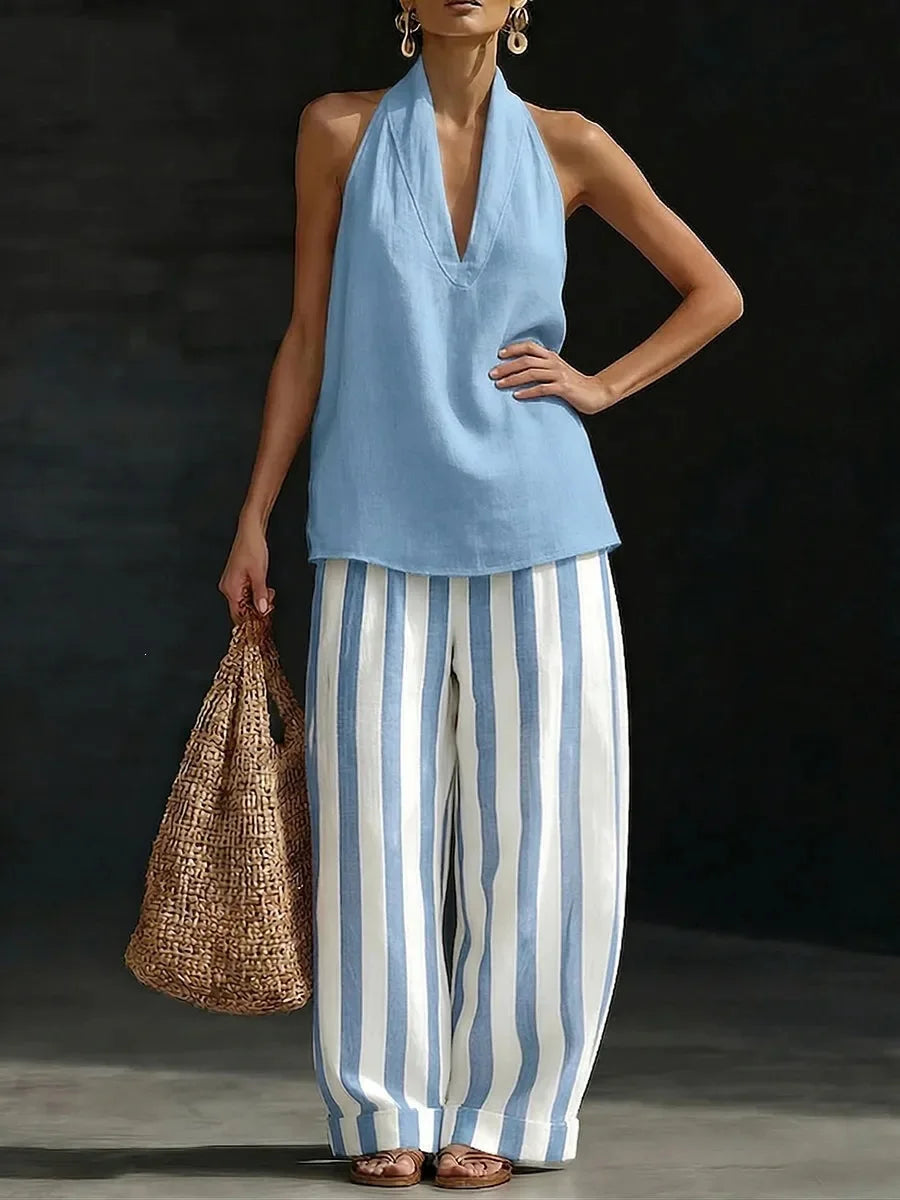 Women's chic halter top & wide leg pants matching set, perfect for casual summer wear and comfortable fashion.