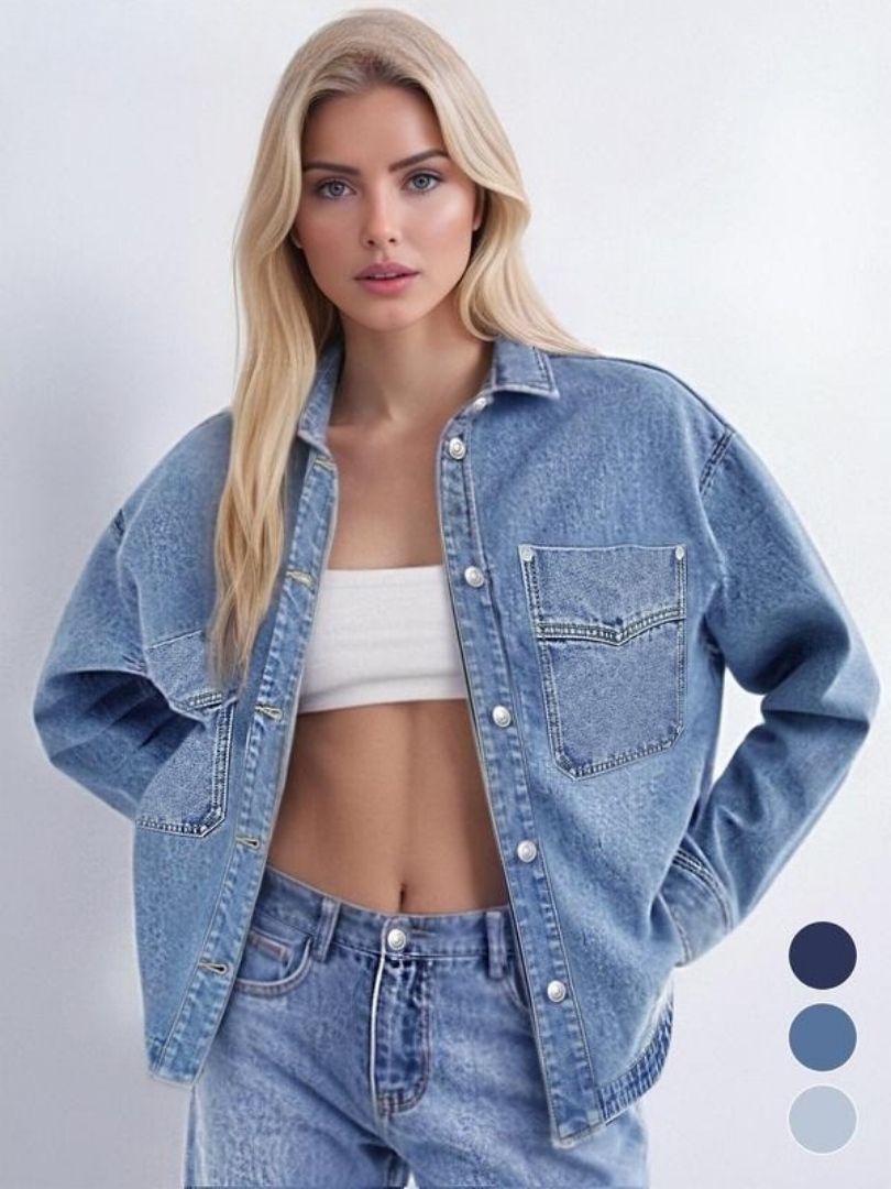 Women's classic lightwash denim jacket, oversized fit, perfect for casual spring fashion.