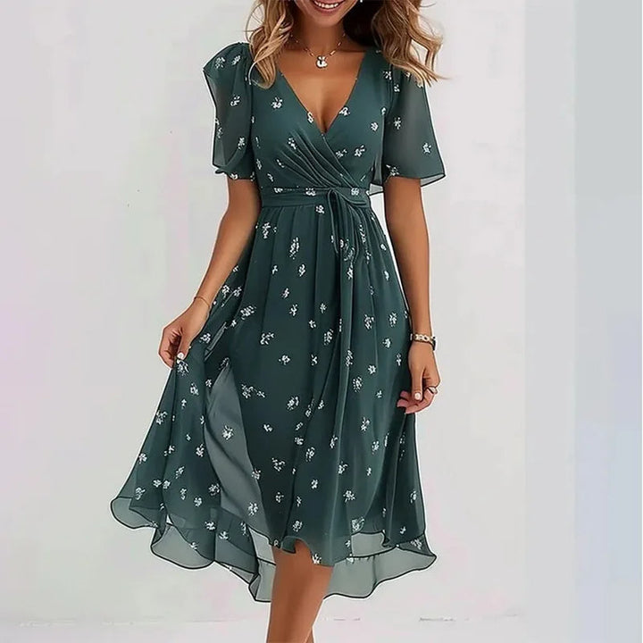 Stylish women's summer V-neck floral A-line midi dress, a versatile and elegant choice for any occasion.