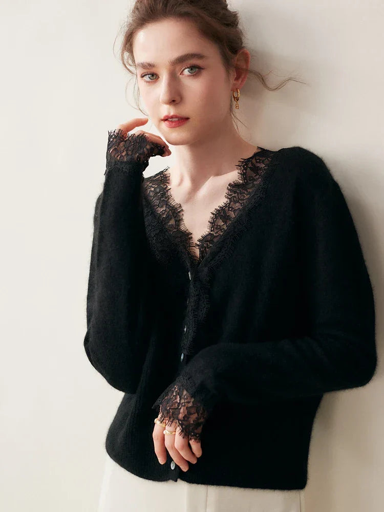 Detail of the cashmere knit and lace trim on the sleeve of the Cortona Cardigan.