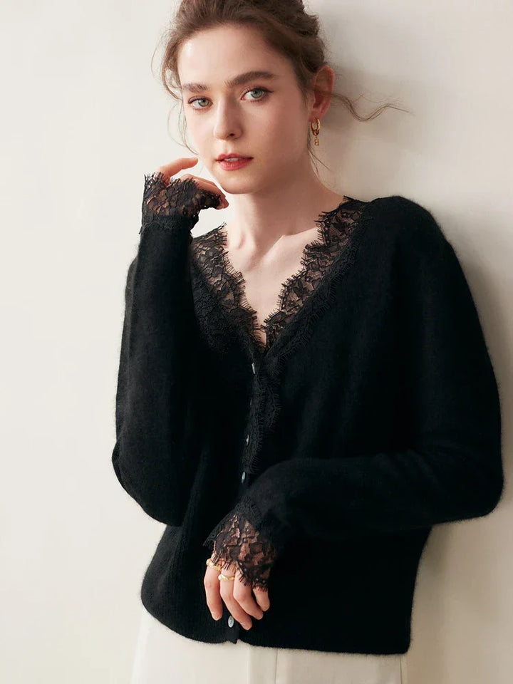 Detail of the cashmere knit and lace trim on the sleeve of the Cortona Cardigan.