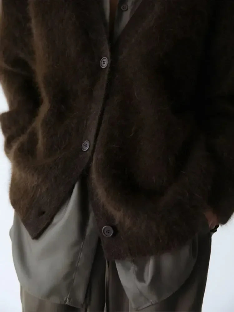 Detailed view of the intricate knit pattern of the comfortable women's oversized cardigan