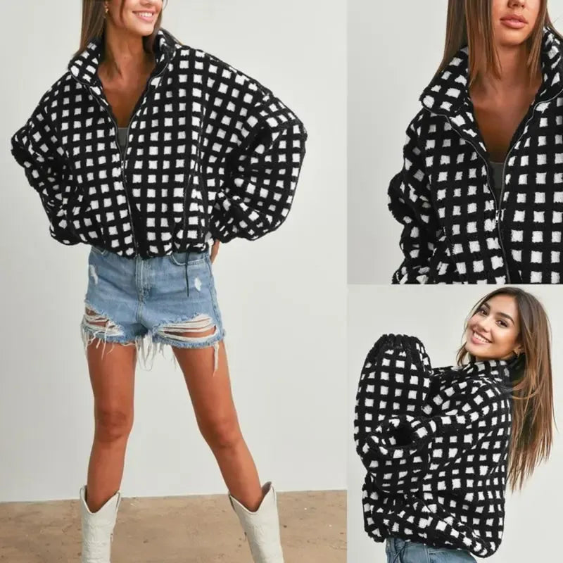 Fashionable women's check sherpa fleece jacket, perfect as warm and casual outerwear for cold weather.