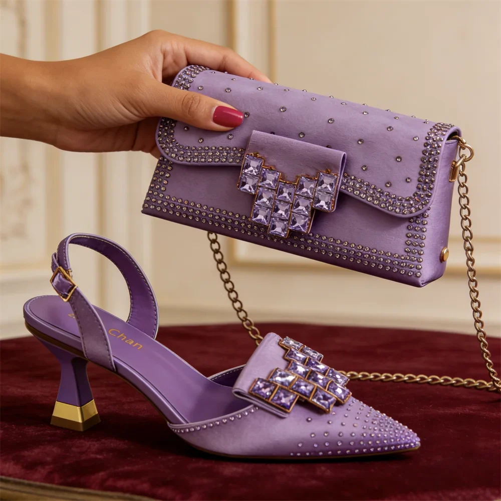 Jeweled high heel pointed toe pumps & coordinated crystal clutch, ideal for formal occasions.