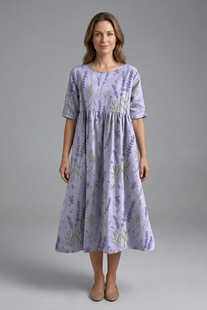 Elegant women's midi dress with vibrant floral print, round neck, and short sleeves for sophisticated style.