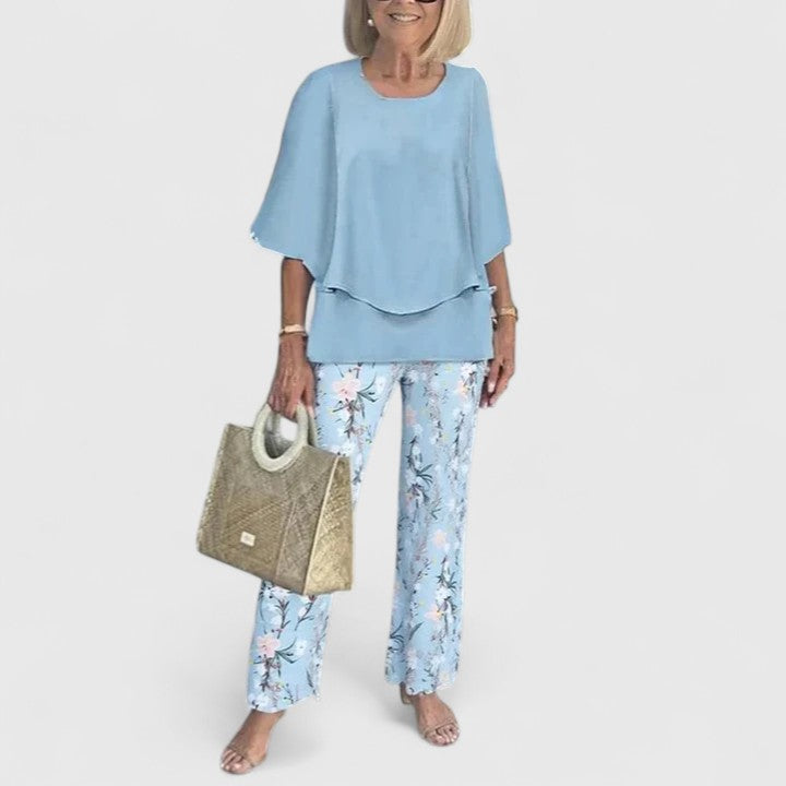 Botanical print women's two piece set with wide leg pants, perfect for vacation.